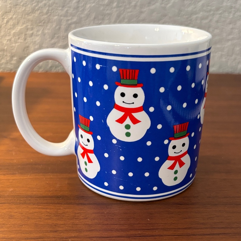 80s 90s Festive Christmas Snowman Mug with Blue and White Design